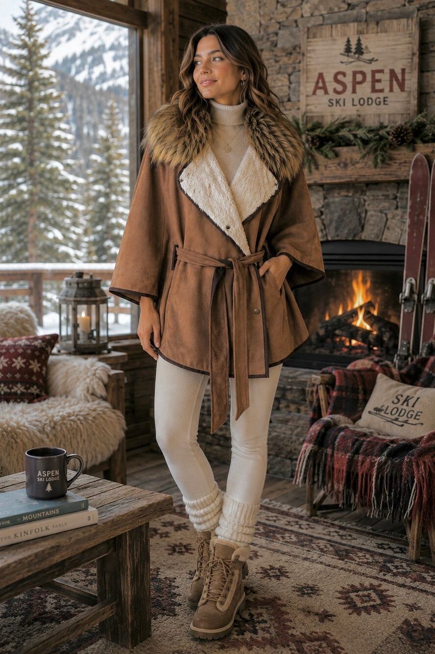 Soft Surroundings Faux Fur Collar Shearling Lined Belted Cape Poncho Brown L/XL
